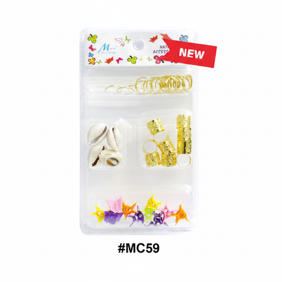 Murry Collection #MC59 Hair Accessory Kit with gold spring rings, cowrie shells, filigree cuffs and butterfly clips