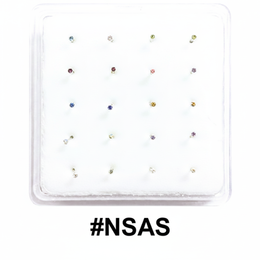 1.5mm Assorted Colour Crystal Nose Studs 20-Pack Display Card #NSAS