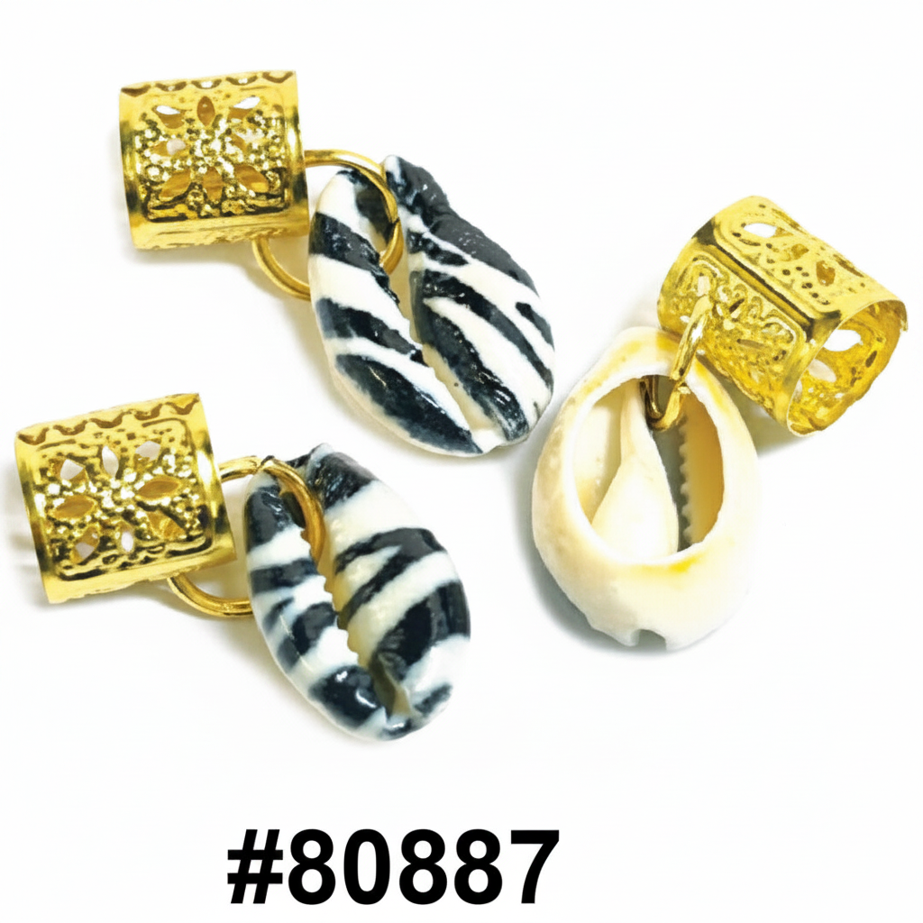 Gold filigree dreadlock beads with zebra print and cowrie shell charms #80887
