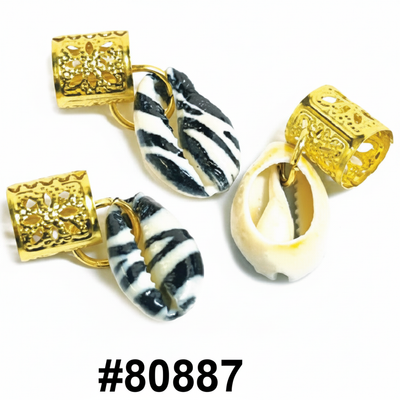 Gold filigree dreadlock beads with zebra print and cowrie shell charms #80887