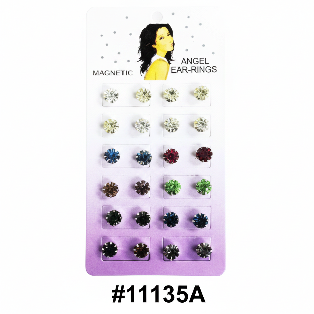 Magnetic Angel Ear-Rings Coloured Flower Crystal Studs Display Card #11135A