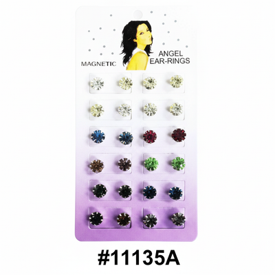 Magnetic Angel Ear-Rings Coloured Flower Crystal Studs Display Card #11135A