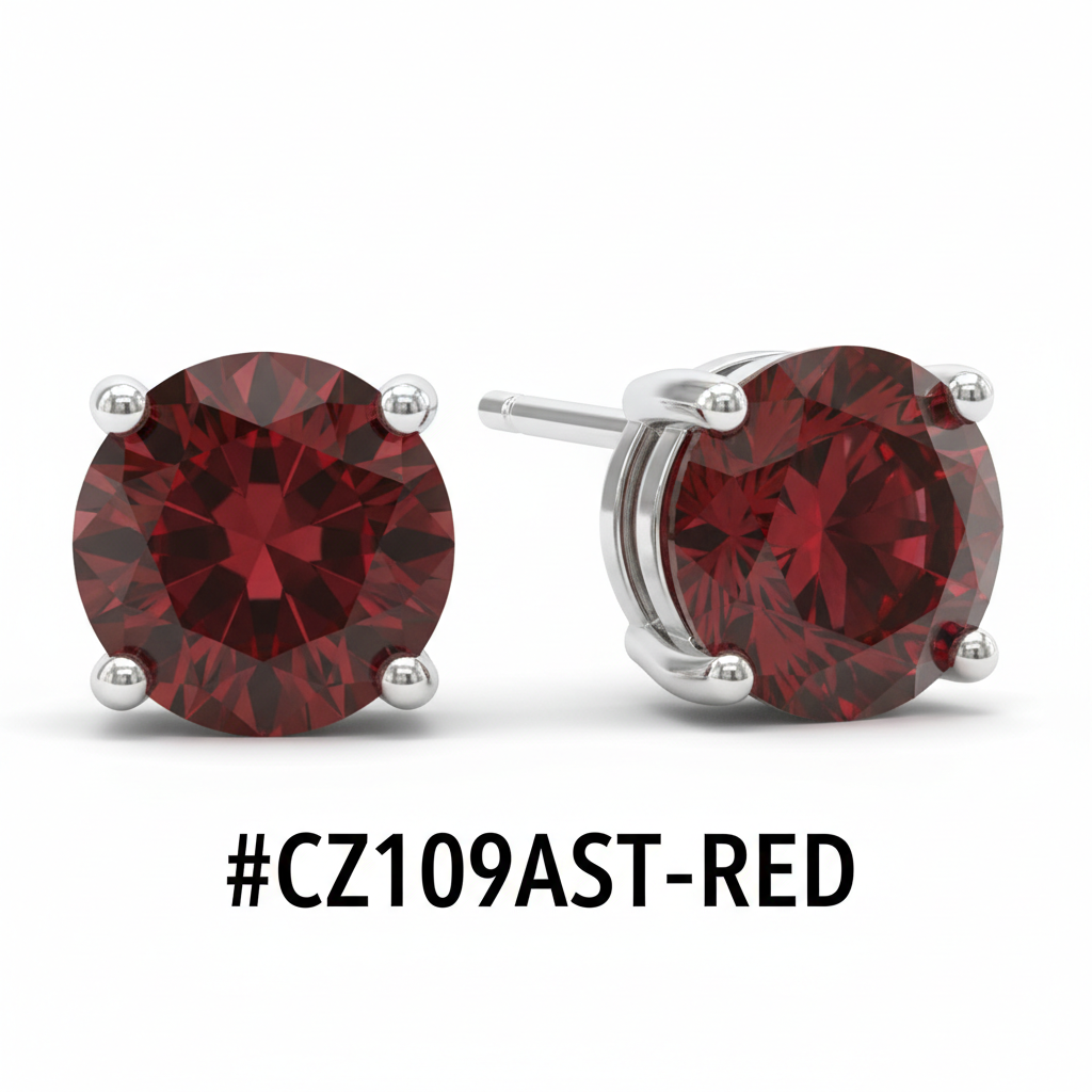 CZ Round Stud Earrings Red Ruby #CZ109AST