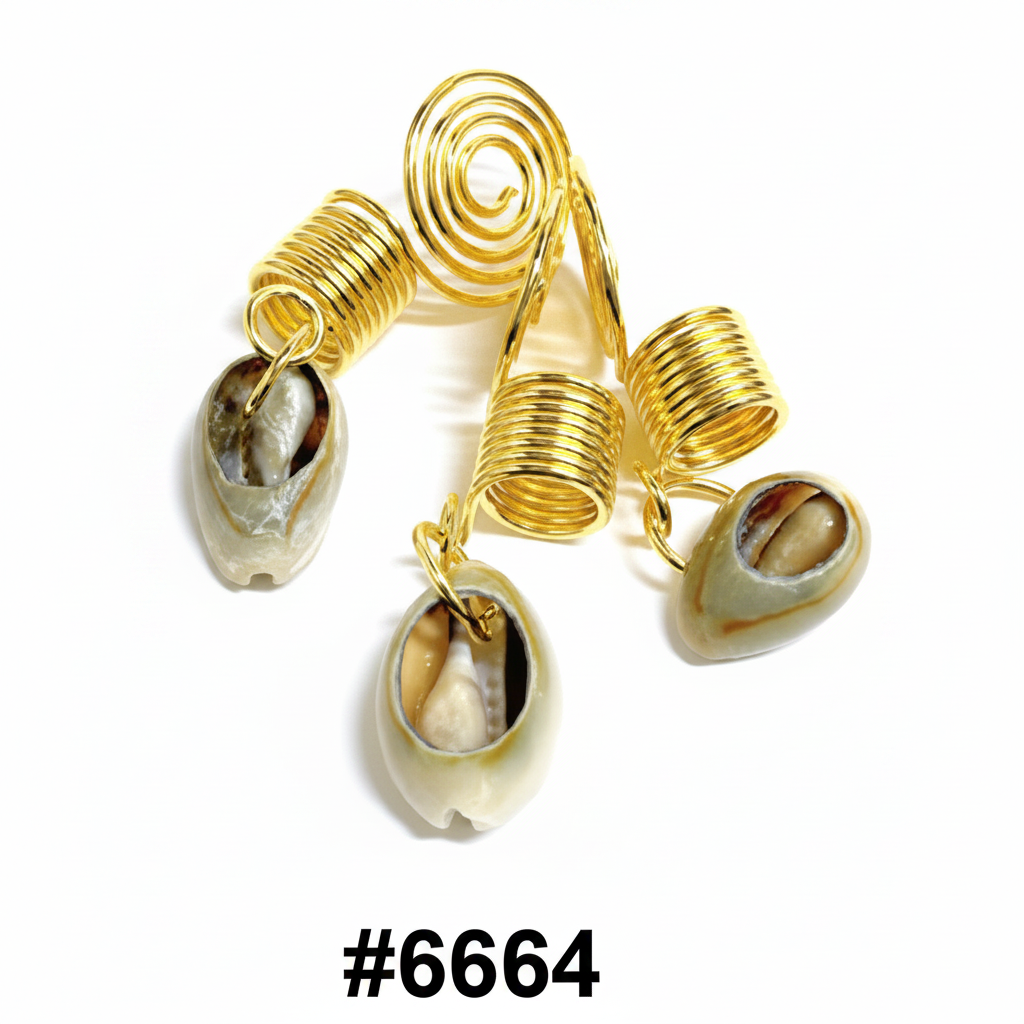 Gold spiral wire dreadlock coils with natural cowrie shell charms 24pk card #6664
