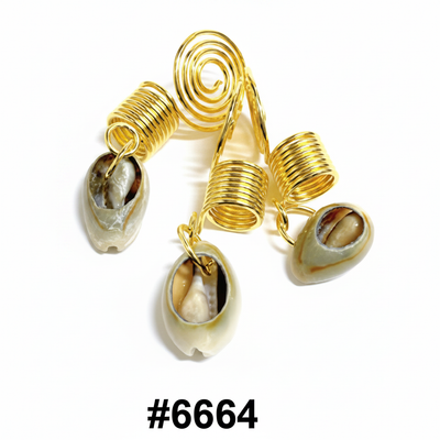 Gold spiral wire dreadlock coils with natural cowrie shell charms 24pk card #6664