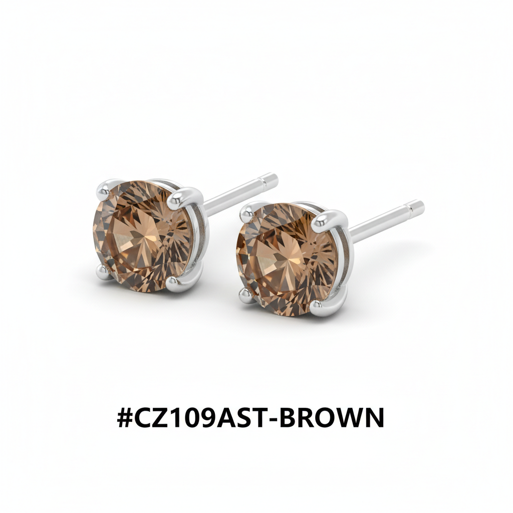 CZ Round Stud Earrings Brown Champagne #CZ109AST