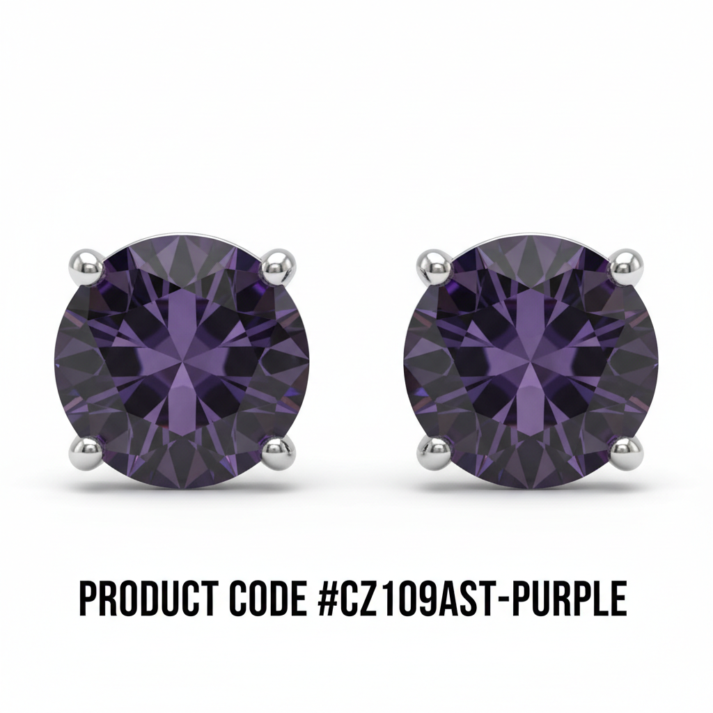 CZ Round Stud Earrings Purple Amethyst #CZ109AST