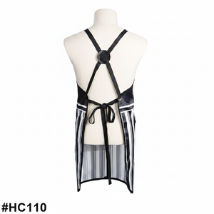 Back view of skull print barber apron with cross-back straps #HC110