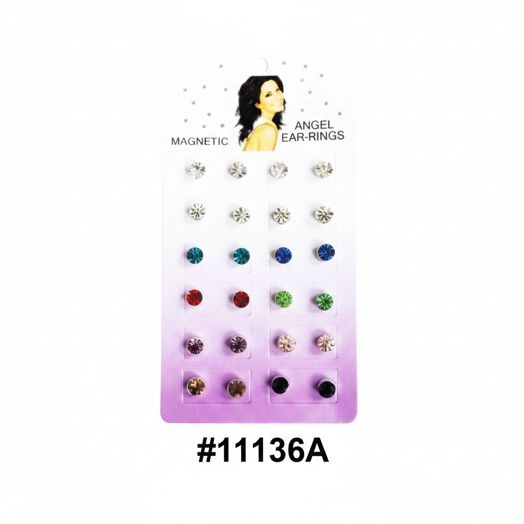 Magnetic Angel Ear-Rings Mixed Crystal Coloured Studs Display Card #11136A