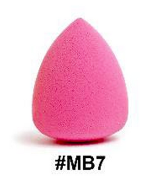 Pink makeup sponge with '#MB7' label on a white background