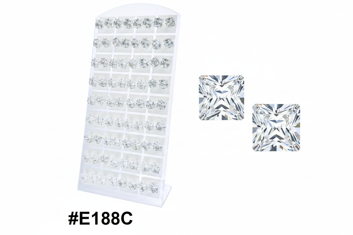 Large Clear Square Princess-Cut CZ Stud Earrings Display Board #E188C