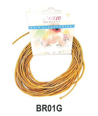 Gold hair tie on a white background with a hair accessories packaging label.
