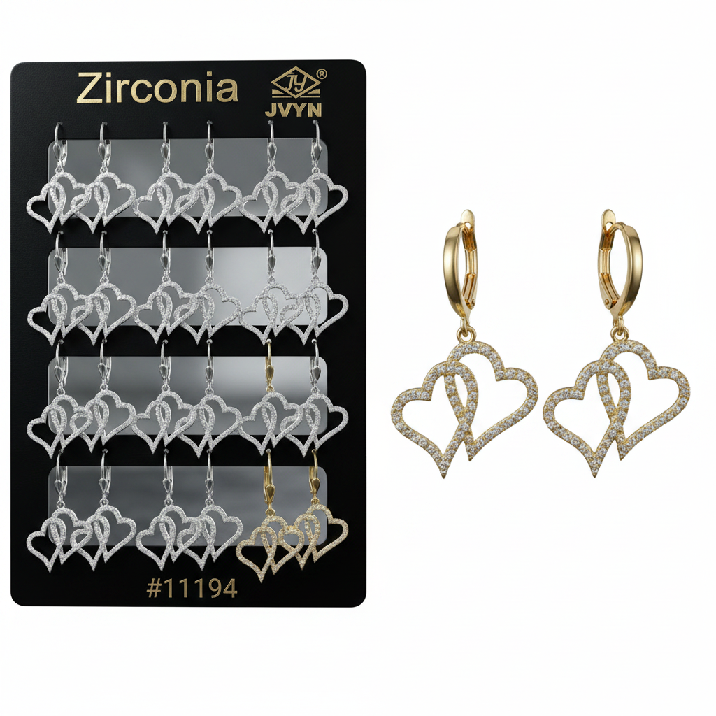 Zirconia Interlocking Double Heart Hooked Earrings Display Pack #11194