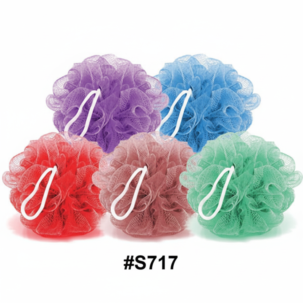 5 assorted colour fluffy mesh bath shower puffs with white loop handles - #S717