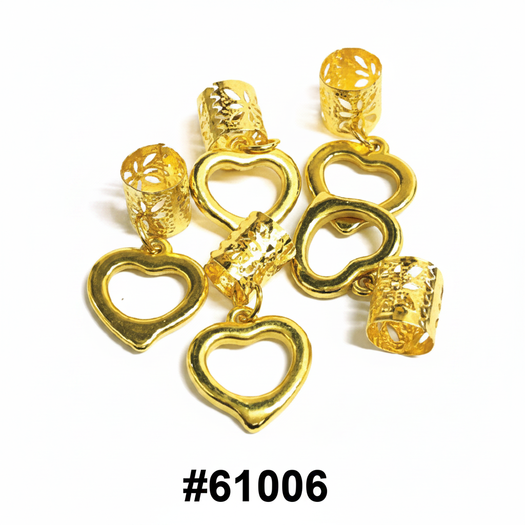 Gold filigree dreadlock beads with large open outline gold heart charm 24pk card #61006