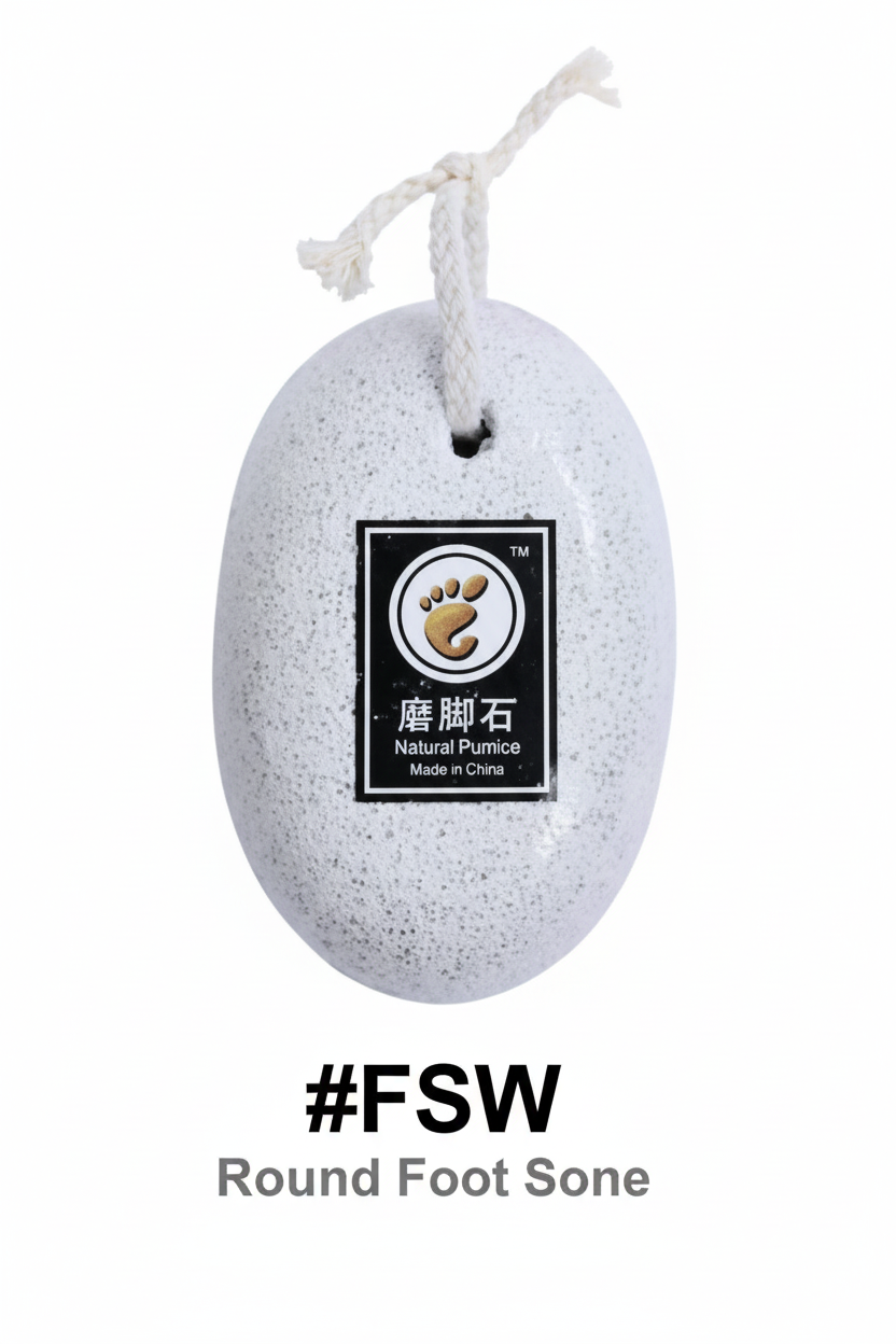 Light grey oval natural pumice foot stone with branded label and white hanging rope - #FSW