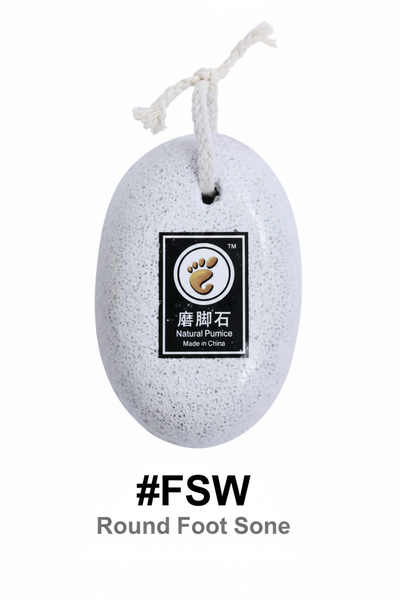 Light grey oval natural pumice foot stone with branded label and white hanging rope - #FSW