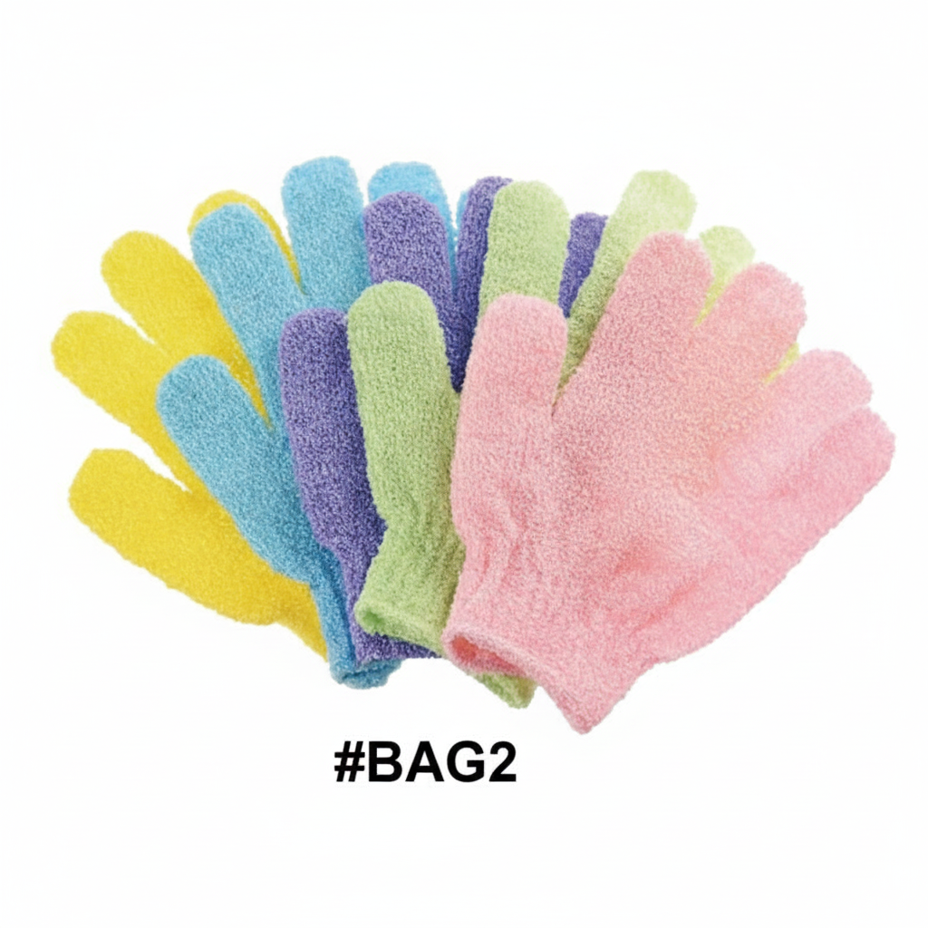 5 assorted colour exfoliating bath gloves in yellow blue purple green and pink - #BAG2