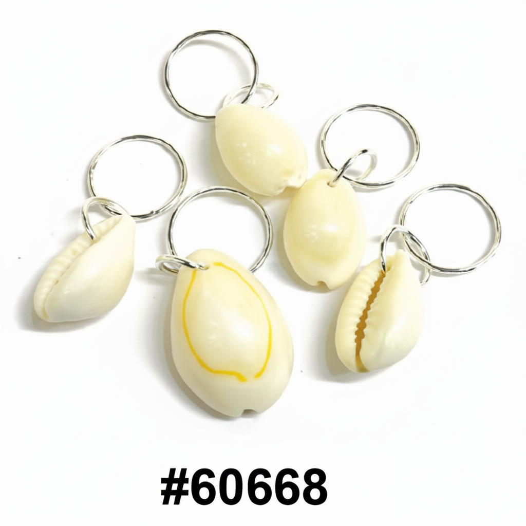 Natural white cowrie shell braid jewellery with silver split ring 24pk card #60668