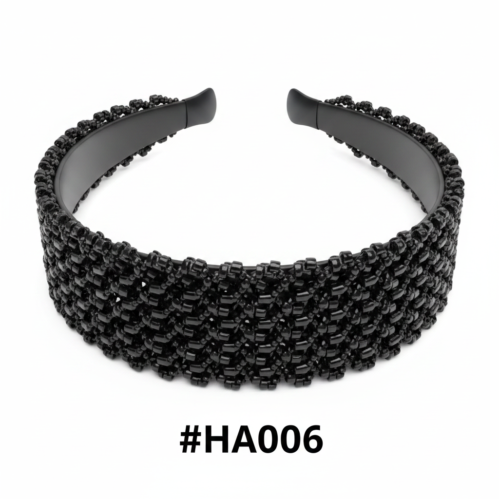 Black Wide Woven Beaded Hair Band #HA006