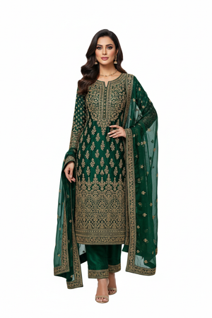 Model wearing Embroidered Silk Salwar Kameez in emerald green