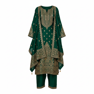 Embroidered Silk Salwar Kameez in emerald green with gold zari embroidery