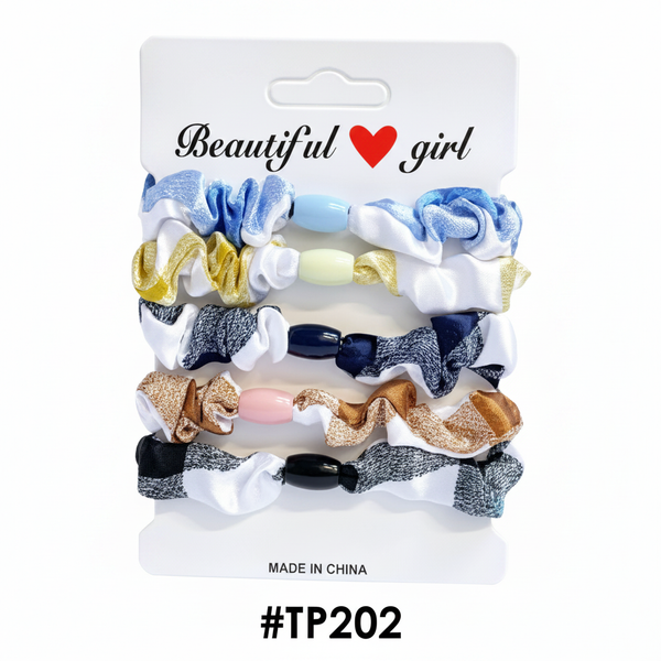 Beautiful Girl Mixed Fabric Scrunchies with Oval Bead 5pcs #TP202