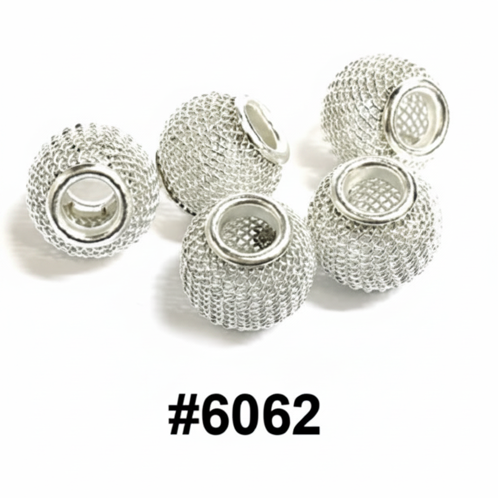 Silver round mesh beads 24 packs of 5 on retail display card #6062
