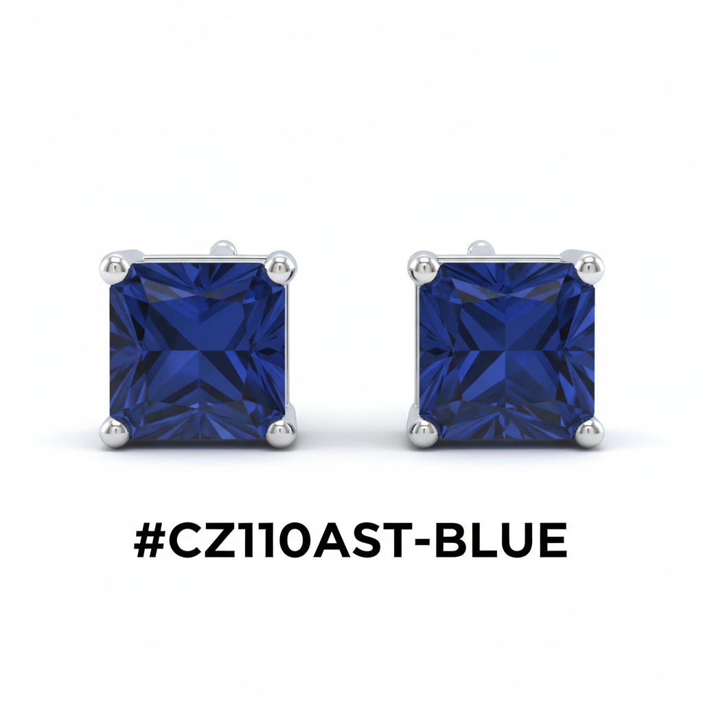 CZ Square Stud Earrings Blue Sapphire #CZ110AST