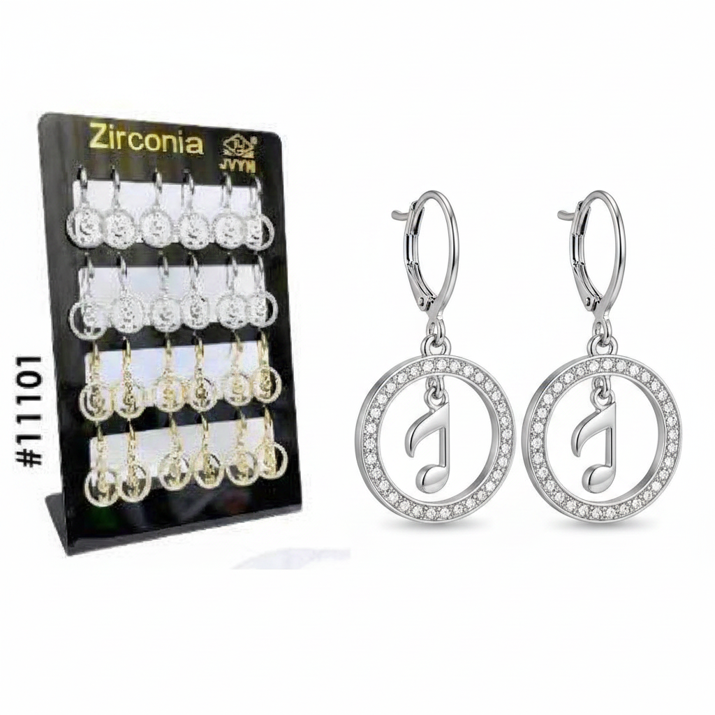 Zirconia Musical Note Open Ring Hooked Earrings Display Pack #11101