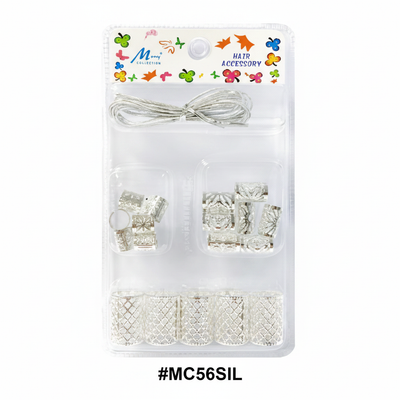 Murry Collection #MC56SIL Silver Filigree Hair Bead Kit with thread, square cuffs and diamond lattice barrel cuffs