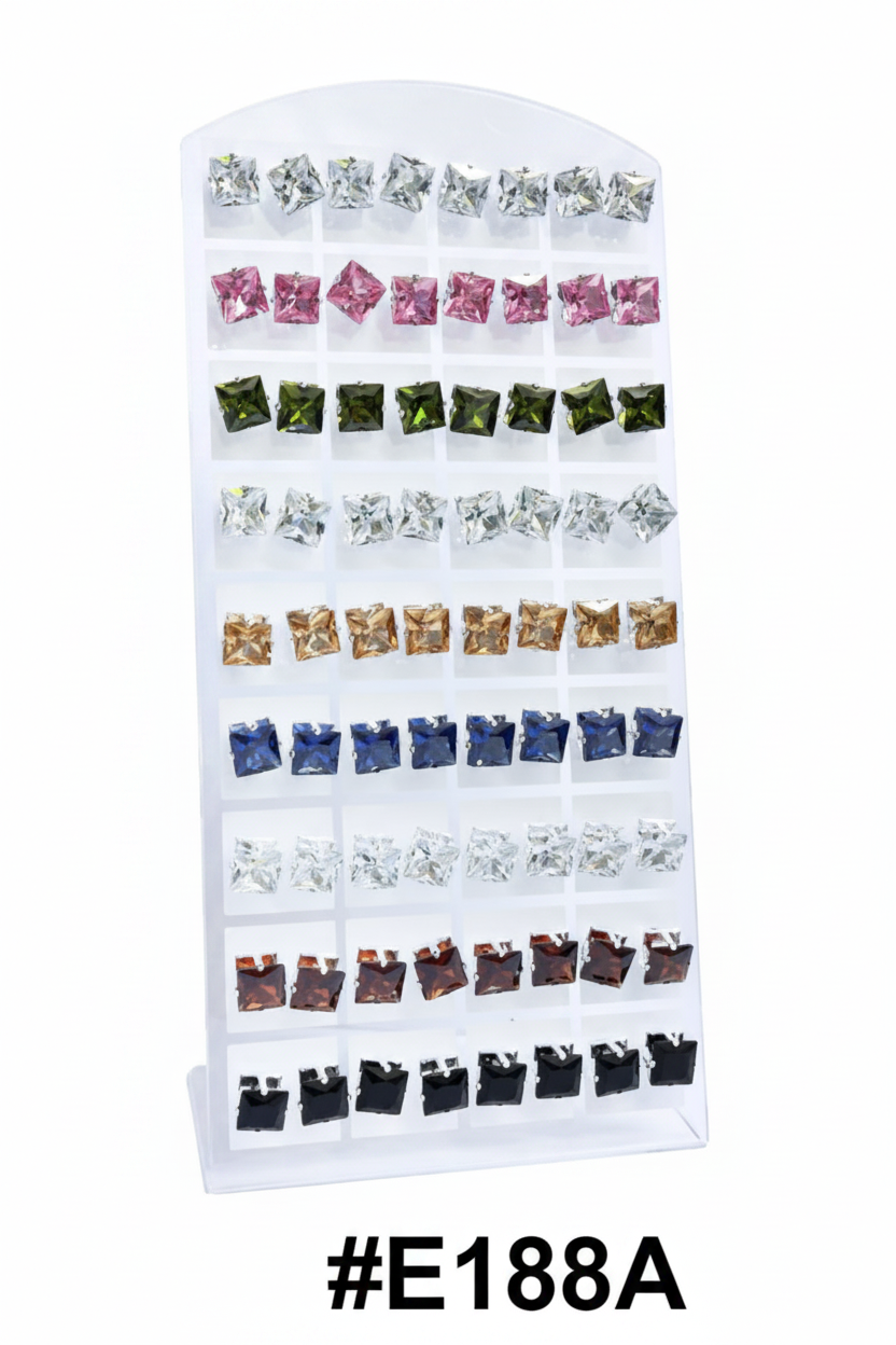 Assorted Colour Square CZ Crystal Stud Earrings Display Board 60 Pairs #E188A