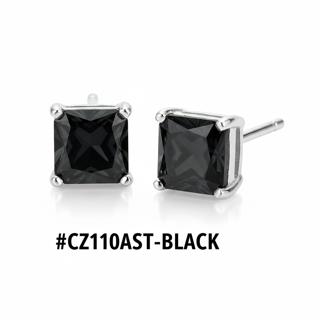 CZ Square Stud Earrings Black Jet #CZ110AST