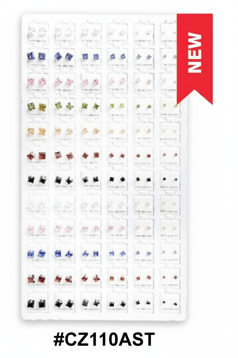 Assorted Square CZ Crystal Stud Earrings Display Board 72 Pairs #CZ110AST
