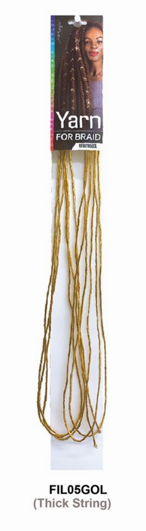 Packaged gold braiding yarn with a label on a white background