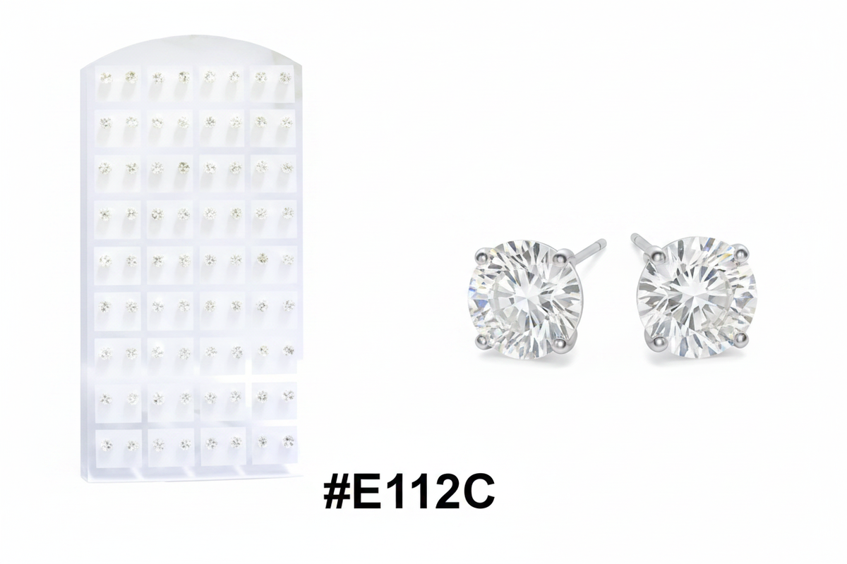 Clear Crystal Round CZ Stud Earrings Display Board with hero detail #E112C