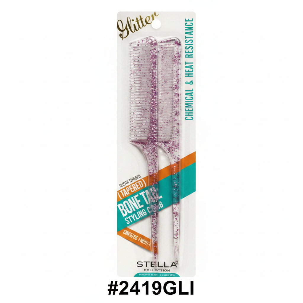 Stella Collection Glitter Tapered Bone Tail Comb #2419GLI 2pc Pack