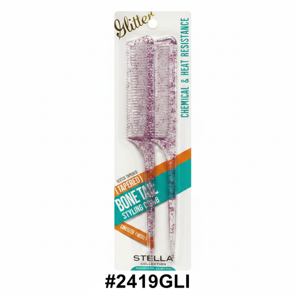 Stella Collection Glitter Tapered Bone Tail Comb #2419GLI 2pc Pack