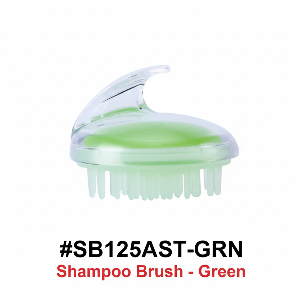 Green scalp shampoo brush with clear body and silicone bristles - #SB125AST-GRN