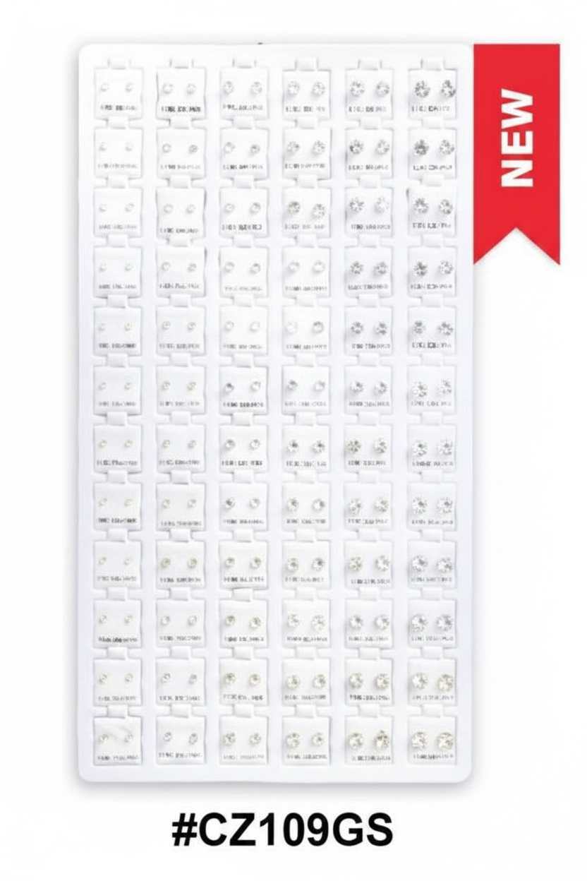 Clear Silver CZ Crystal Stud Earrings Display Board 72 Pairs Assorted Shapes #CZ109GS