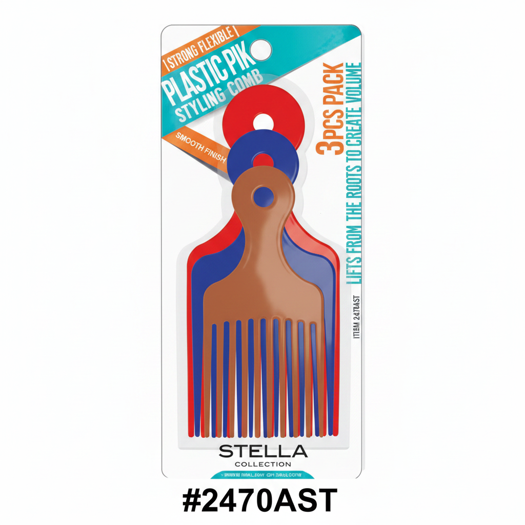 3PCS Plastic Pik Styling Comb Assorted Colours #2470AST Stella Collection