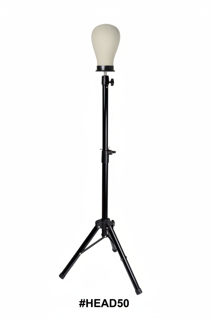 Mannequin training head on adjustable black tripod stand #HEAD50