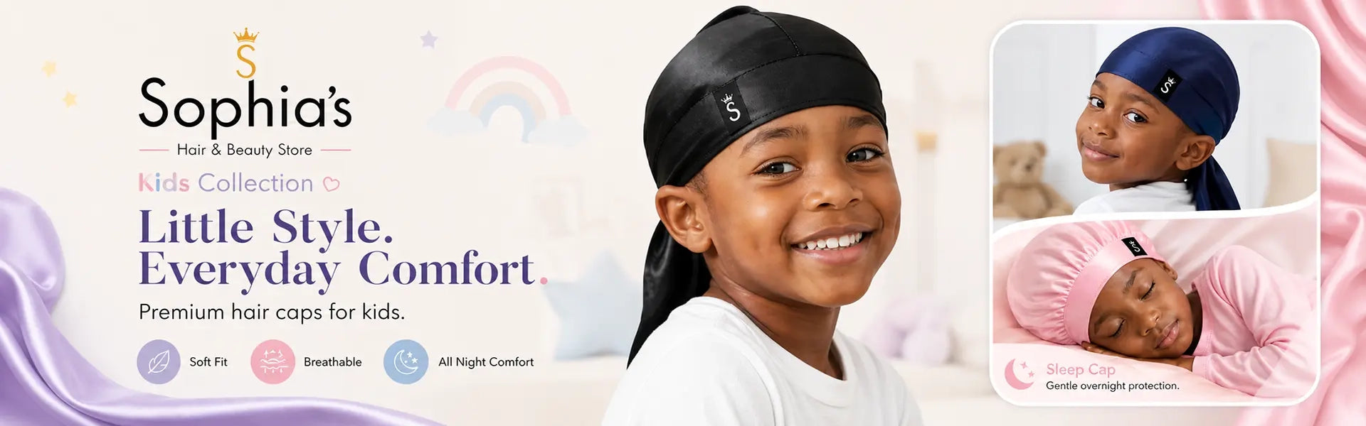 Sophia's Hair & Beauty Store Kids Collection — child wearing black satin durag with navy durag and pink sleep cap lifestyle shots. Little Style. Everyday Comfort.