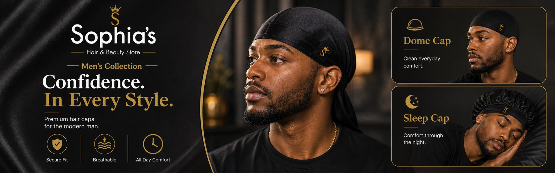 Sophia's Hair & Beauty Store Men's Collection — man wearing black satin durag with dome cap and sleep cap lifestyle shots. Confidence. In Every Style.