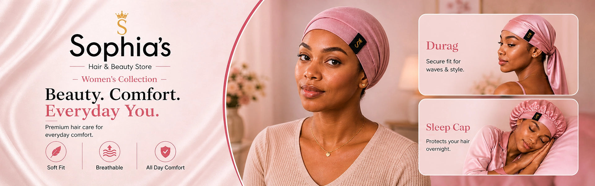 Sophia's Hair & Beauty Store Women's Collection — model wearing pink satin hair wrap with durag and sleep cap lifestyle shots. Beauty. Comfort. Everyday You.