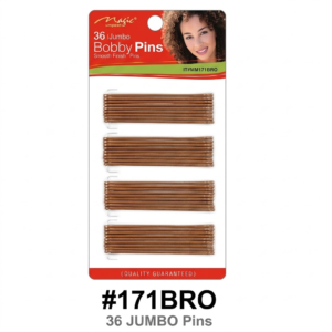 Magic Collection brand (ITEM #171BLK) "36 Jumbo Bobby Pins" for hair styling, in smooth finish black[cite: 17, 18, 19]. The retail packaging card features a photo of a woman with black hair on a red background at the top, and displays four sets of black metal bobby pins below[cite: 17, 18]. The card sits centered against a pure white background, with "Quality Guaranteed" text at the bottom and the code "#171BLK" and "36 JUMBO Pins" text directly beneath i