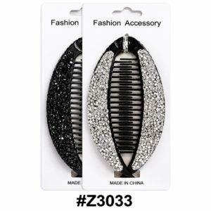 Fashion Accessory Rhinestone Hair Clip Black and Silver Design #Z3033 on White Background