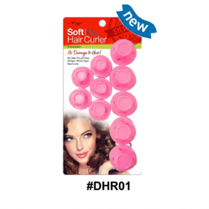 Step-by-step instruction guide demonstrating how to use pink silicone soft hair curlers, centered against a pure white background