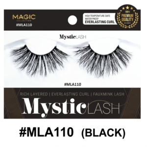 Magic Collection "Mystic LASH" false eyelashes, style #MLA110 (Black), in retail packaging. The package features a set of fluffy, winged faux mink lashes on a white tray, with product details: "Rich Layered," "Everlasting Curl," and "Water Proof" in gold and white text on a black and brown background.