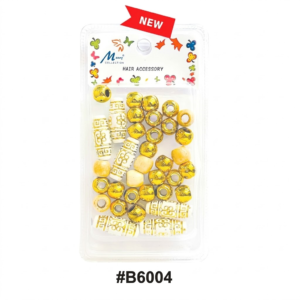 A high-quality product photograph of a centered blister pack of assorted metallic gold and carved white wooden hair beads